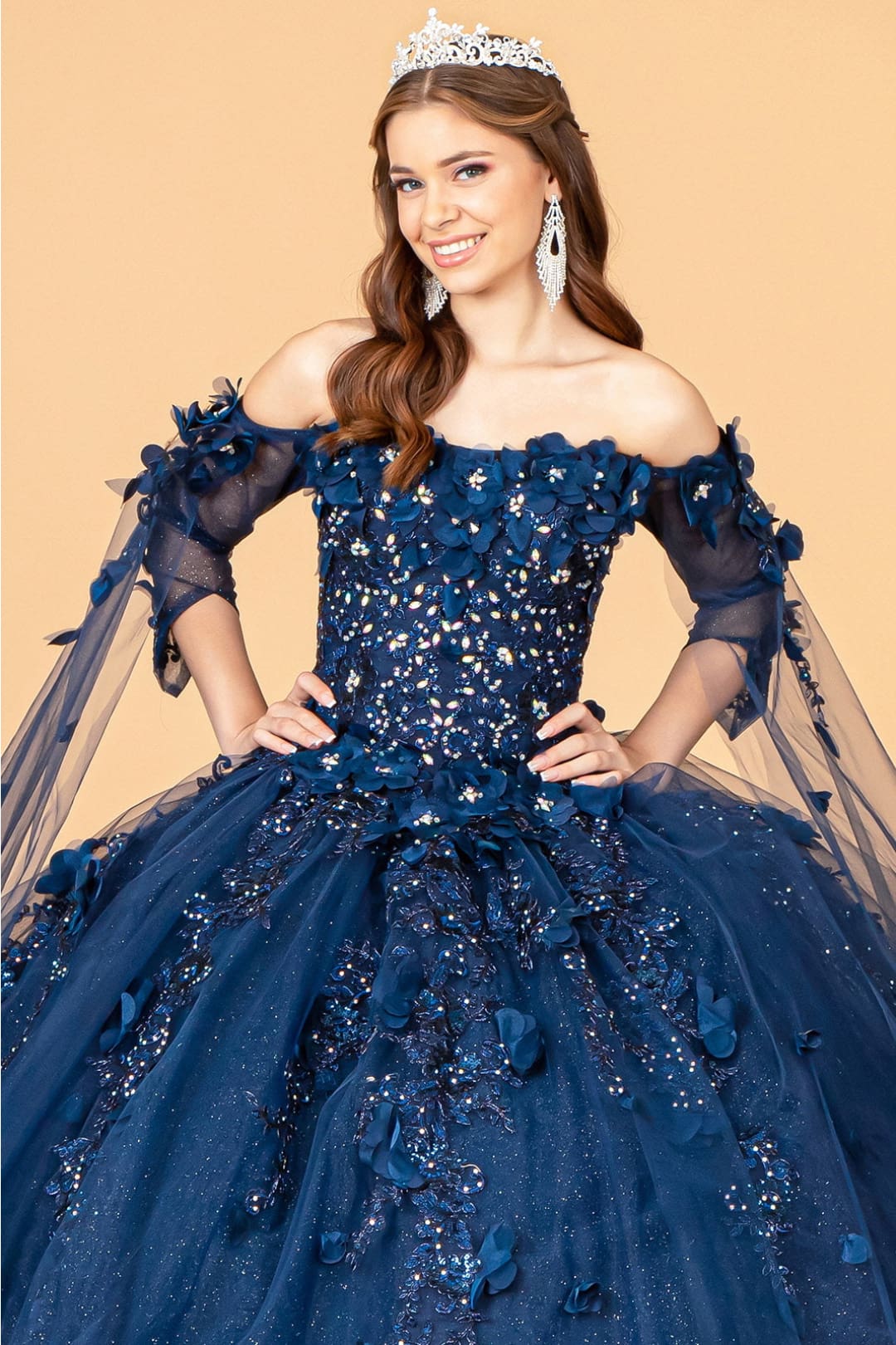 3D Floral Cape Sleeve Ball Gown by Elizabeth K GL3075 - Quinceanera Dresses