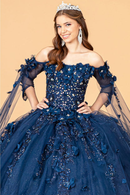 3D Floral Cape Sleeve Ball Gown by Elizabeth K GL3075 - Quinceanera Dresses
