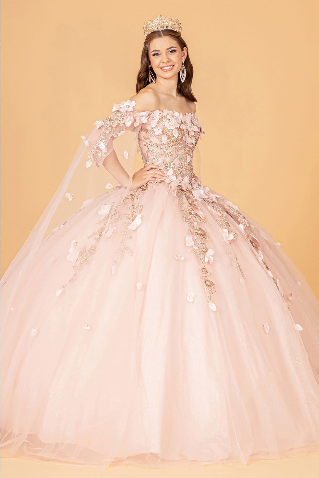 3D Floral Cape Sleeve Ball Gown by Elizabeth K GL3075 - Quinceanera Dresses