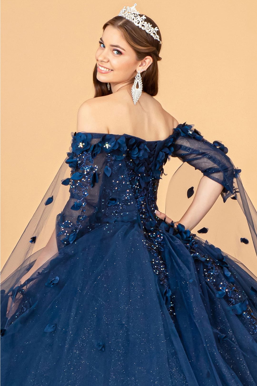 3D Floral Cape Sleeve Ball Gown by Elizabeth K GL3075 - Quinceanera Dresses