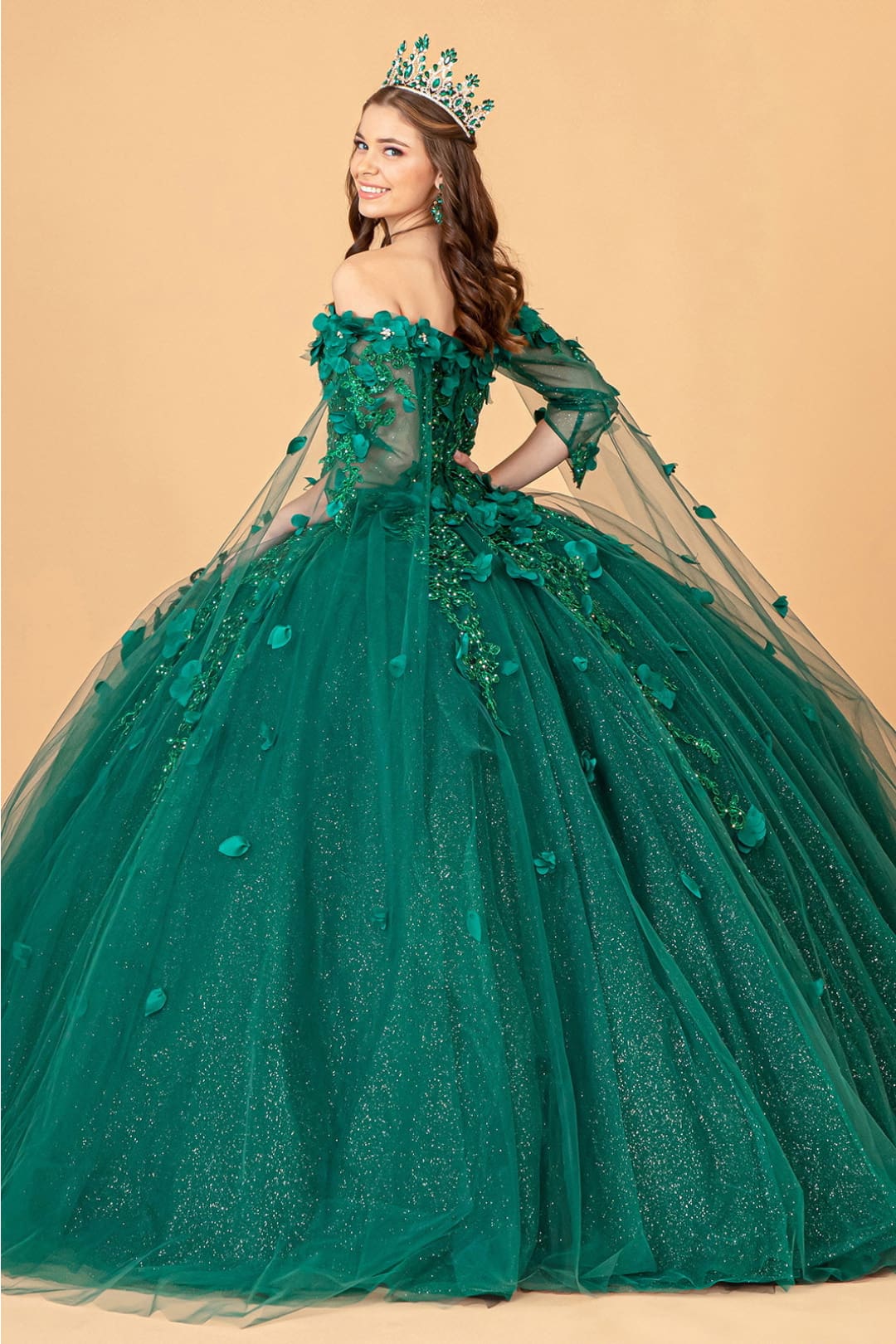 3D Floral Cape Sleeve Ball Gown by Elizabeth K GL3075 - Quinceanera Dresses