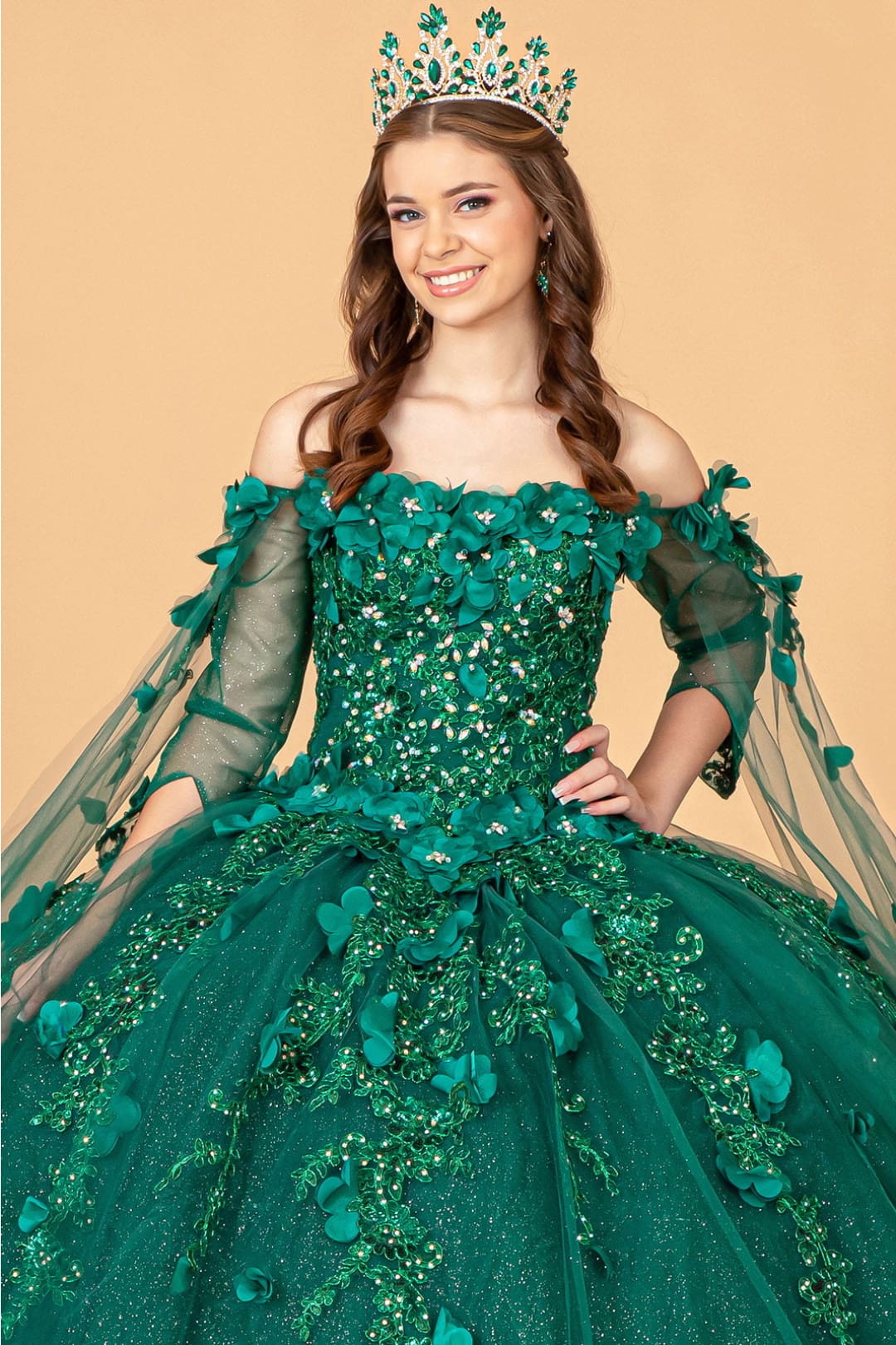 3D Floral Cape Sleeve Ball Gown by Elizabeth K GL3075 - Quinceanera Dresses