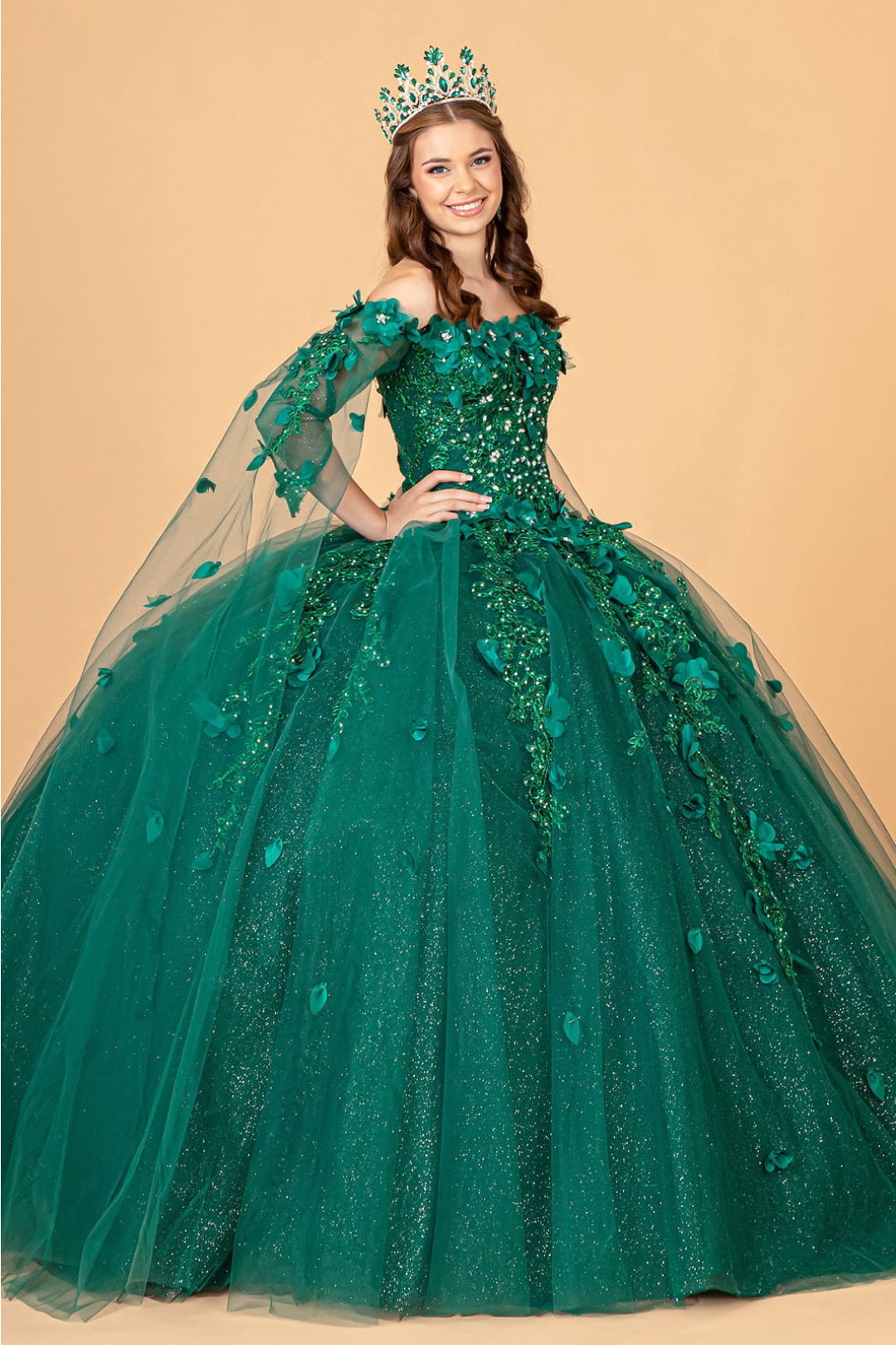 3D Floral Cape Sleeve Ball Gown by Elizabeth K GL3075 - Quinceanera Dresses