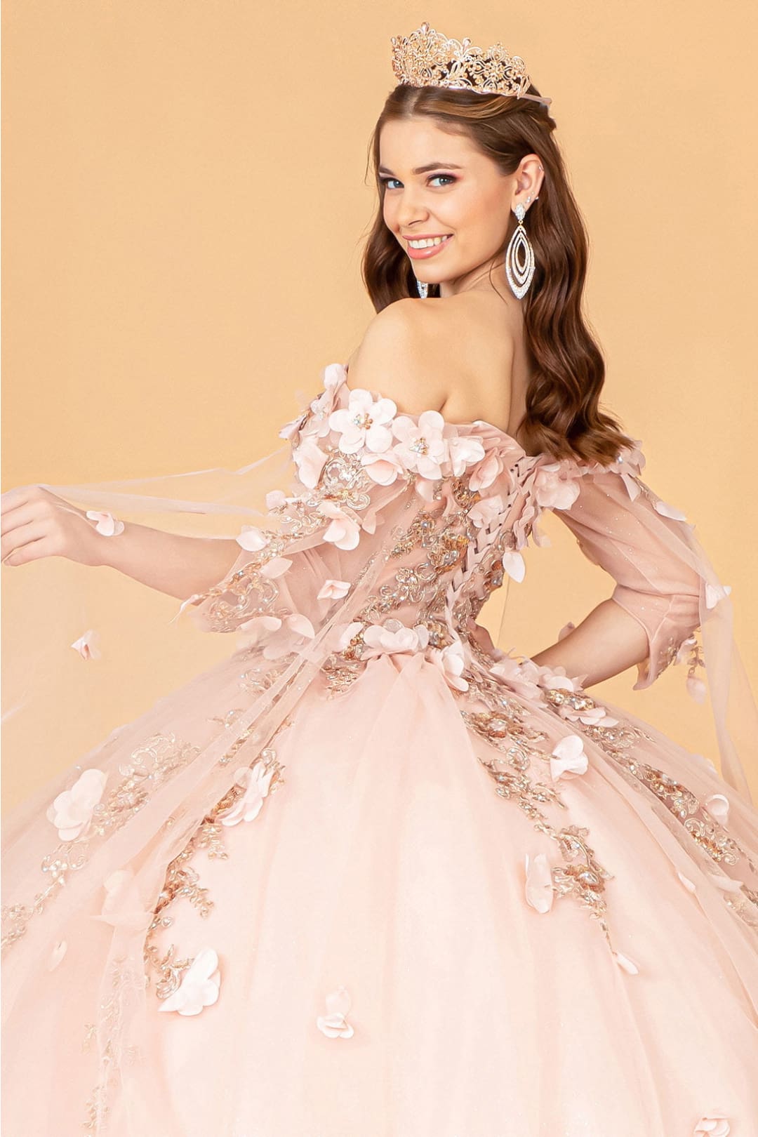 3D Floral Cape Sleeve Ball Gown by Elizabeth K GL3075 - Quinceanera Dresses