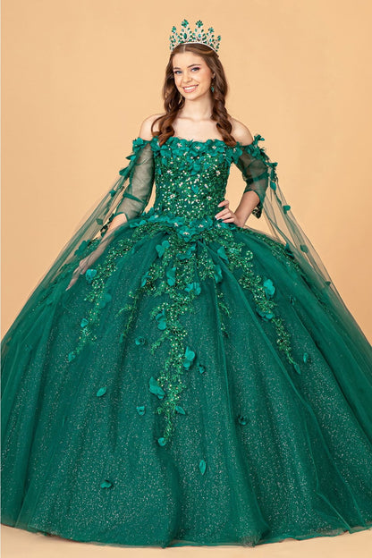 3D Floral Cape Sleeve Ball Gown by Elizabeth K GL3075 - XS / Green - Quinceanera Dresses