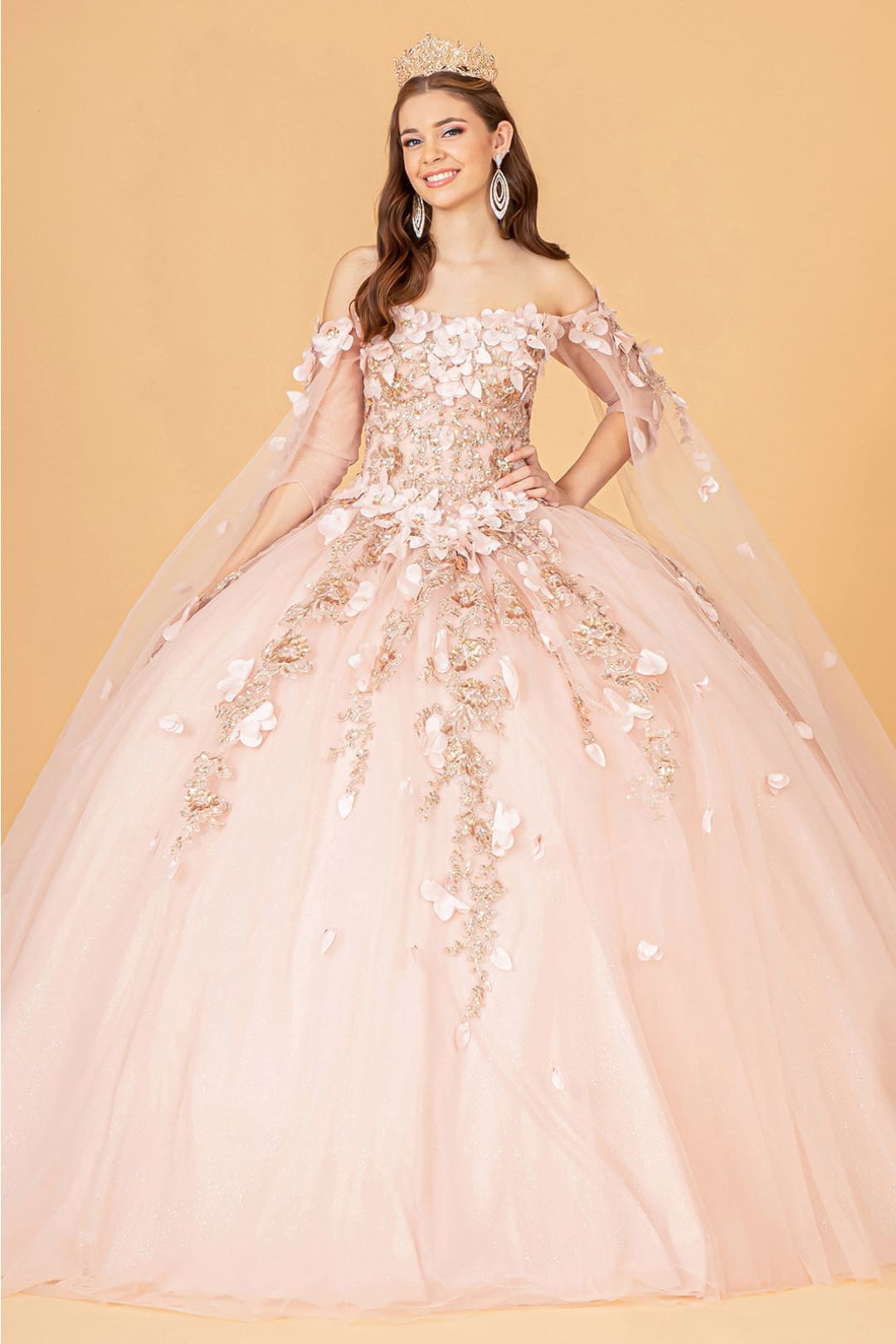 3D Floral Cape Sleeve Ball Gown by Elizabeth K GL3075 - XS / Rose Gold - Quinceanera Dresses