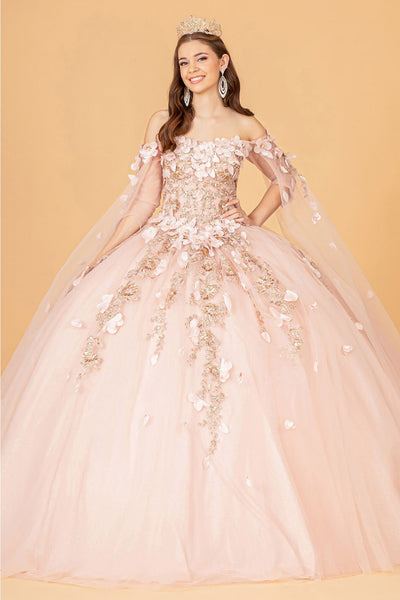 3D Floral Cape Sleeve Ball Gown by Elizabeth K GL3075 - XS / Rose Gold - Quinceanera Dresses
