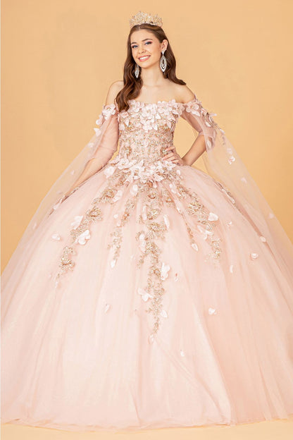3D Floral Cape Sleeve Ball Gown by Elizabeth K GL3075 - XS / Rose Gold - Quinceanera Dresses