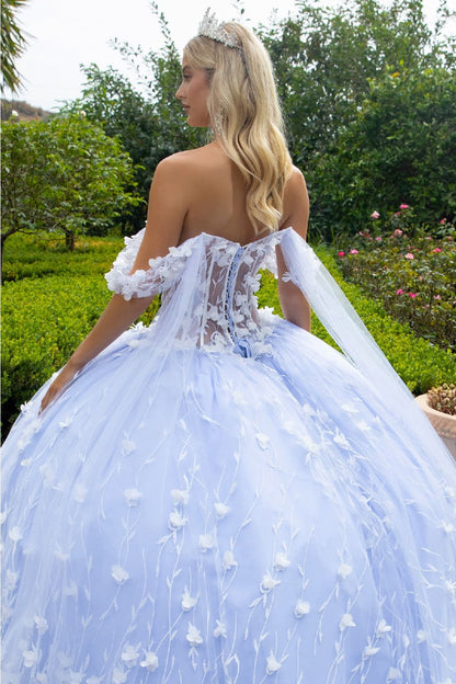 3D Floral Cape Sleeve Ball Gown by GLS Gloria GL3571 - Quinceanera Dresses