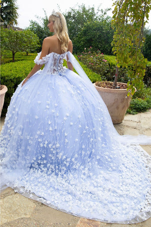 3D Floral Cape Sleeve Ball Gown by GLS Gloria GL3571 - Quinceanera Dresses