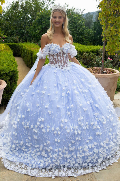 3D Floral Cape Sleeve Ball Gown by GLS Gloria GL3571 - XS / Ivory/Blue - Quinceanera Dresses