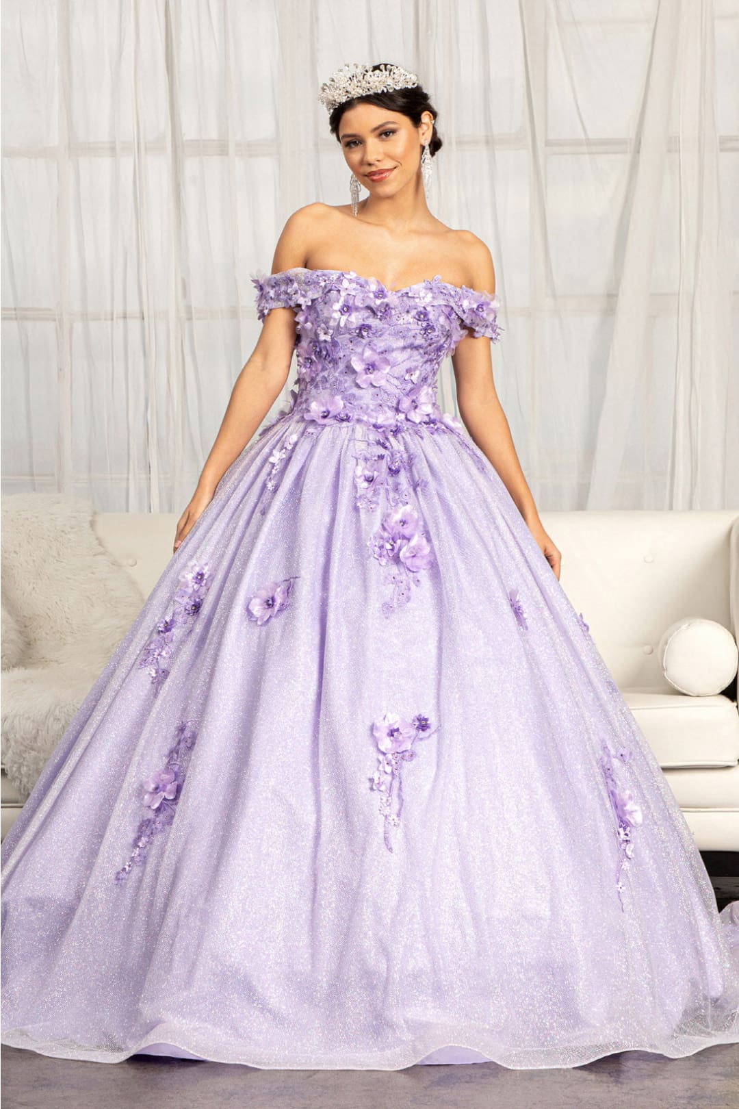 3D Floral Glitter Ball Gown by Elizabeth K GL1971 - XS / Lilac - Quinceanera Dresses