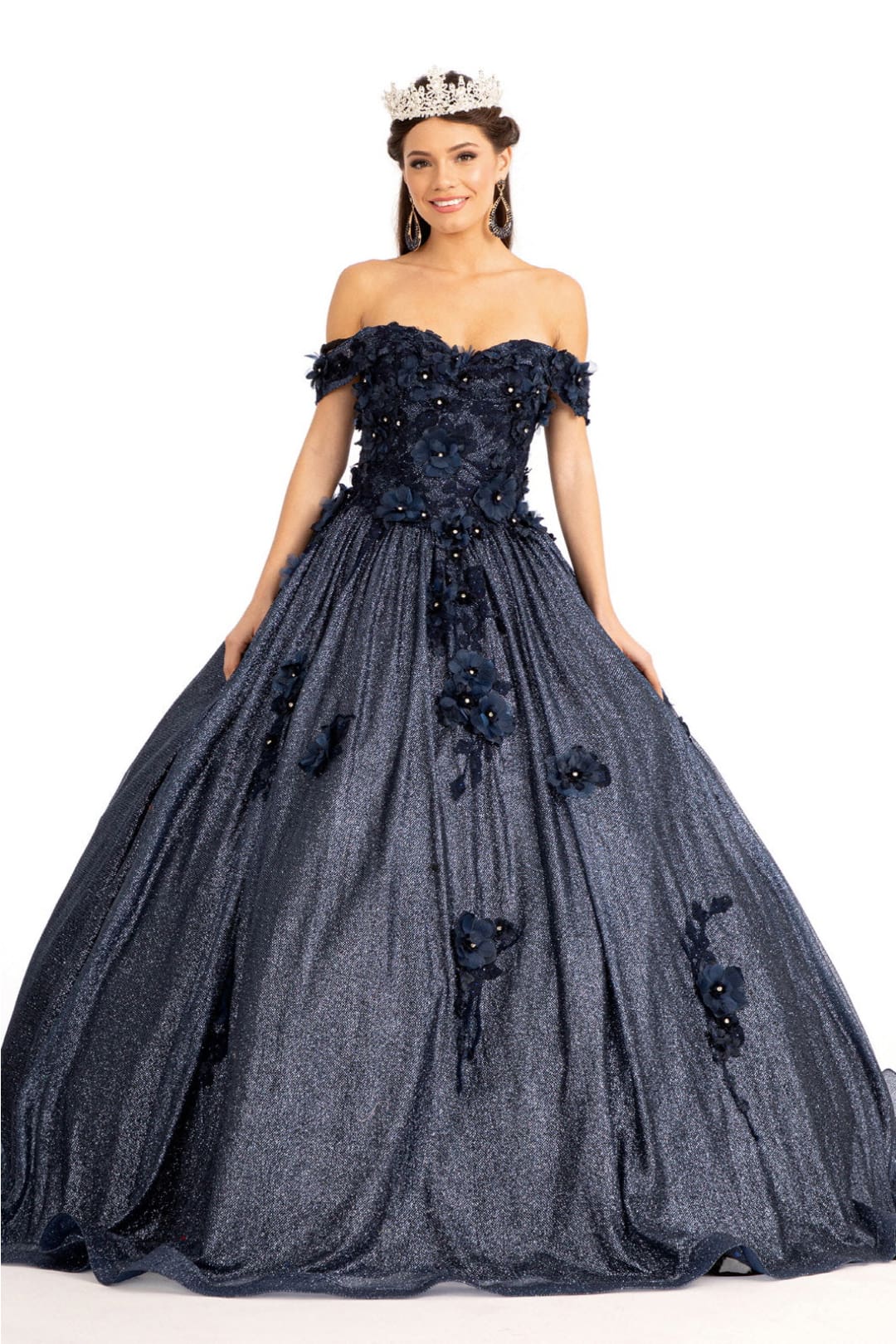 3D Floral Glitter Ball Gown by Elizabeth K GL1971 - XS / Navy - Quinceanera Dresses