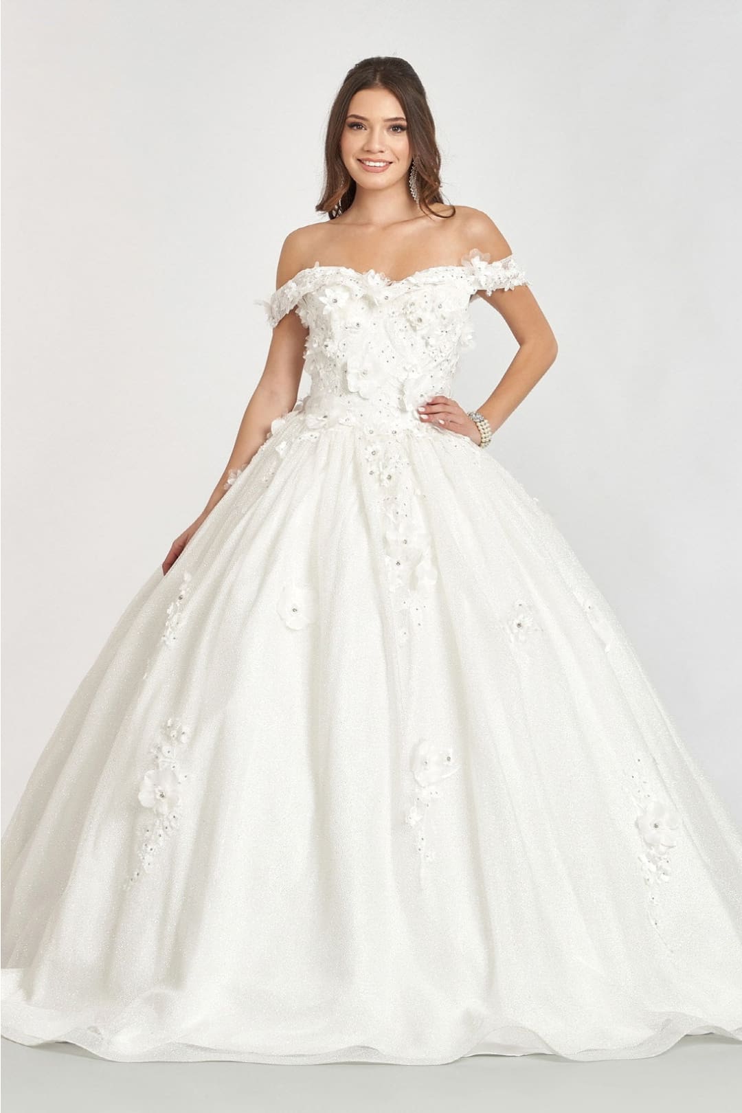 3D Floral Glitter Ball Gown by Elizabeth K GL1971 - XS / Off White - Quinceanera Dresses