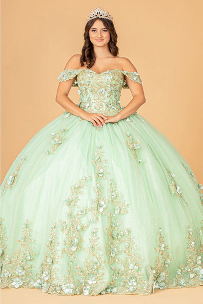 3D Floral Off Shoulder Ball Gown by Elizabeth K GL3102 - XS / Sage - Quinceanera Dresses