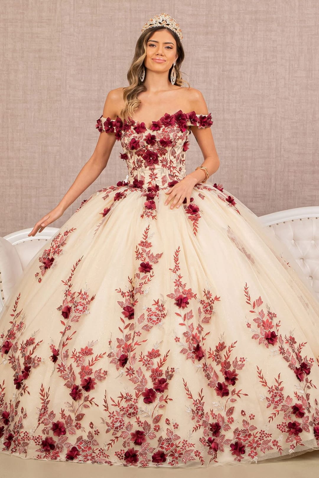 3D Floral Off Shoulder Ball Gown by Elizabeth K GL3105 - Quinceanera Dresses