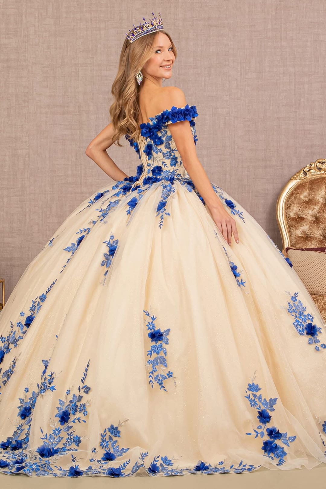 3D Floral Off Shoulder Ball Gown by Elizabeth K GL3105 - Quinceanera Dresses