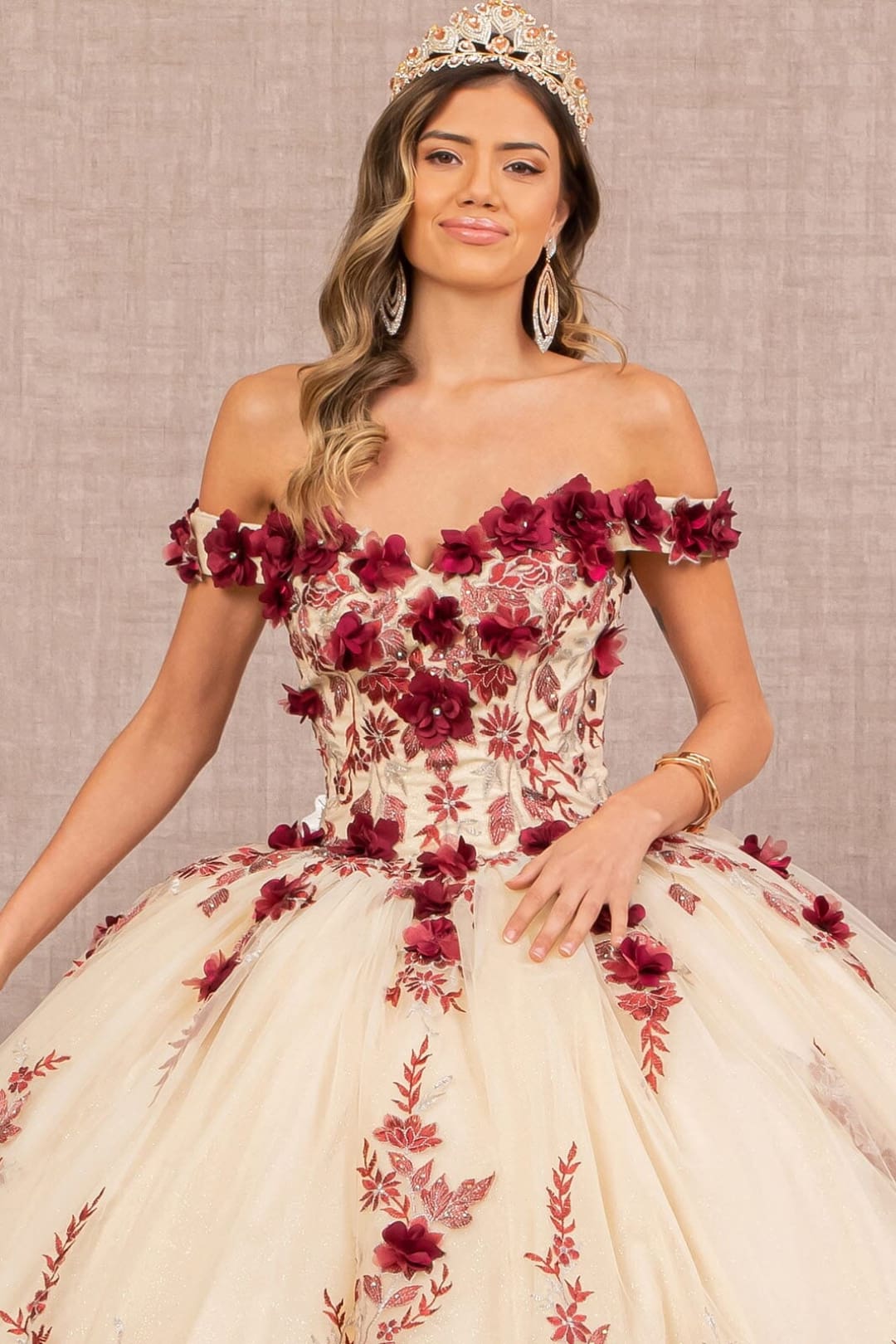 3D Floral Off Shoulder Ball Gown by Elizabeth K GL3105 - Quinceanera Dresses