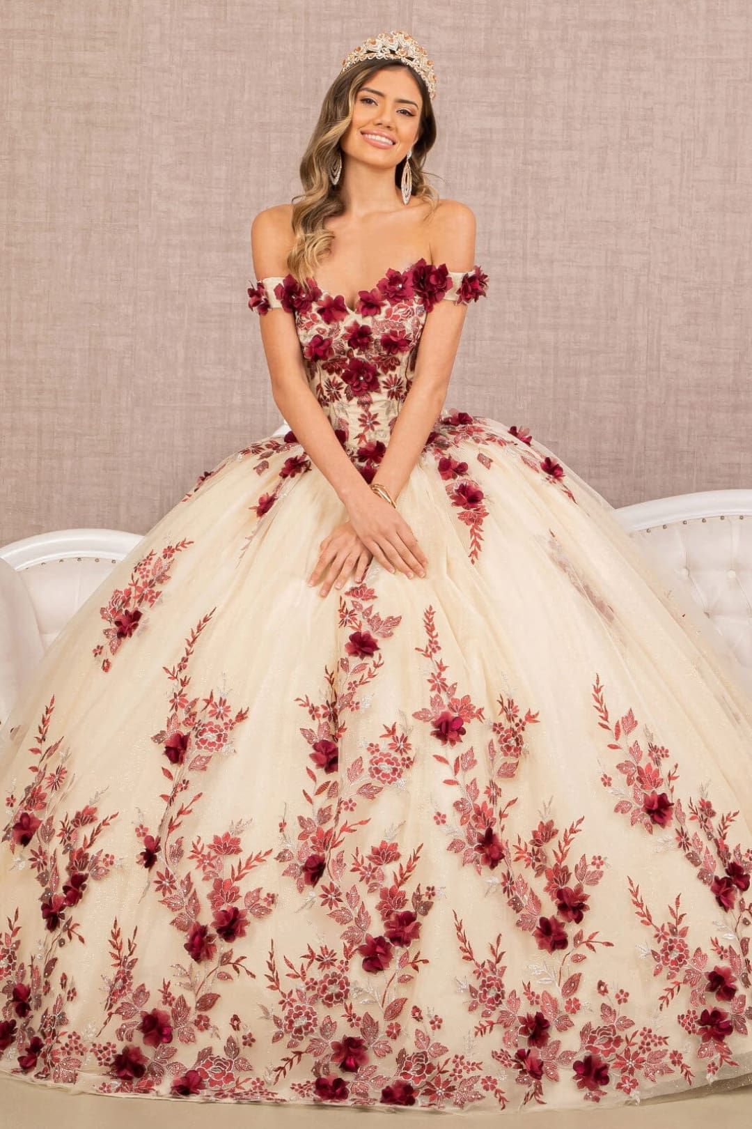 3D Floral Off Shoulder Ball Gown by Elizabeth K GL3105 - Quinceanera Dresses
