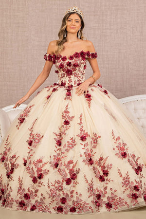 3D Floral Off Shoulder Ball Gown by Elizabeth K GL3105 - XS / Burgundy/Nude - Quinceanera Dresses