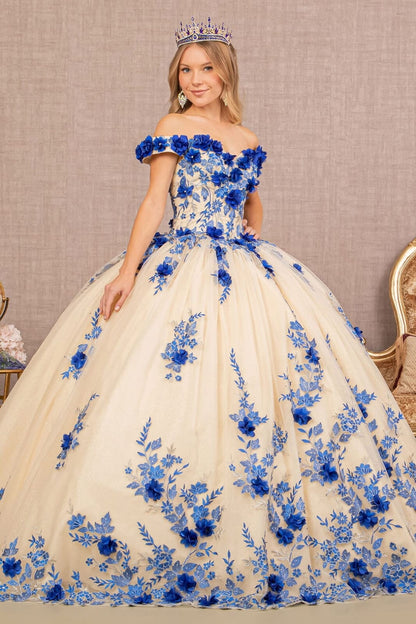 3D Floral Off Shoulder Ball Gown by Elizabeth K GL3105 - XS / Royal Blue/Nude - Quinceanera Dresses