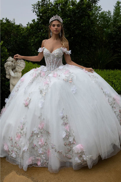 3D Floral Off Shoulder Ball Gown by GLS Gloria GL3553 - XS / Off White/Pink - Quinceanera Dresses