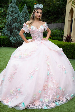 3D Floral Off Shoulder Ball Gown by GLS Gloria GL3554 - XS / Blush - Quinceanera Dresses