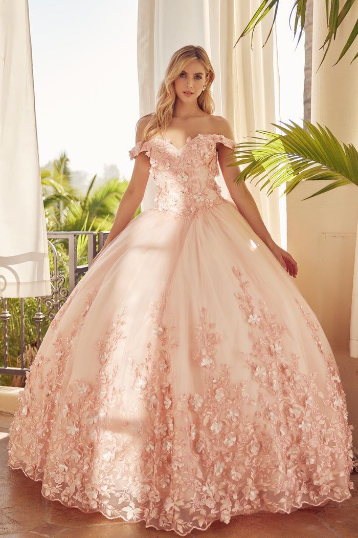 Juliet 1434 3D Floral Applique Off Shoulder Lace-Up Corset Quinceanera Dress