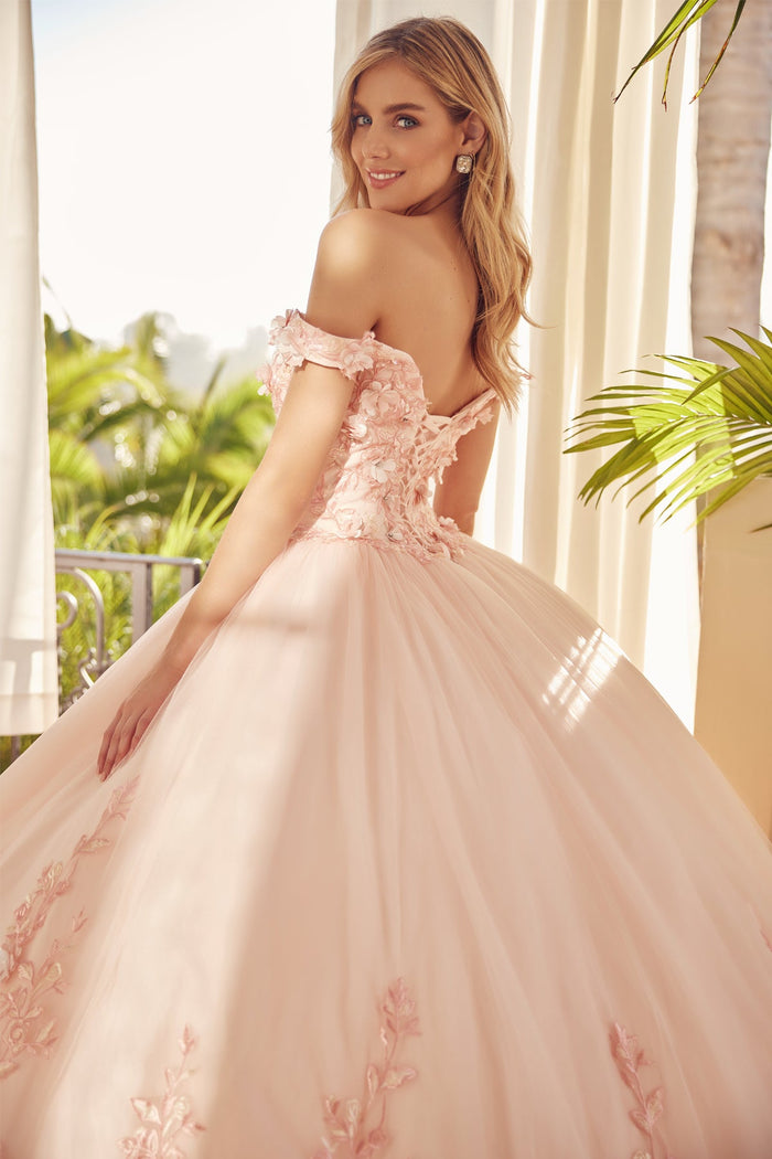 Juliet 1434 3D Floral Applique Off Shoulder Lace-Up Corset Quinceanera Dress