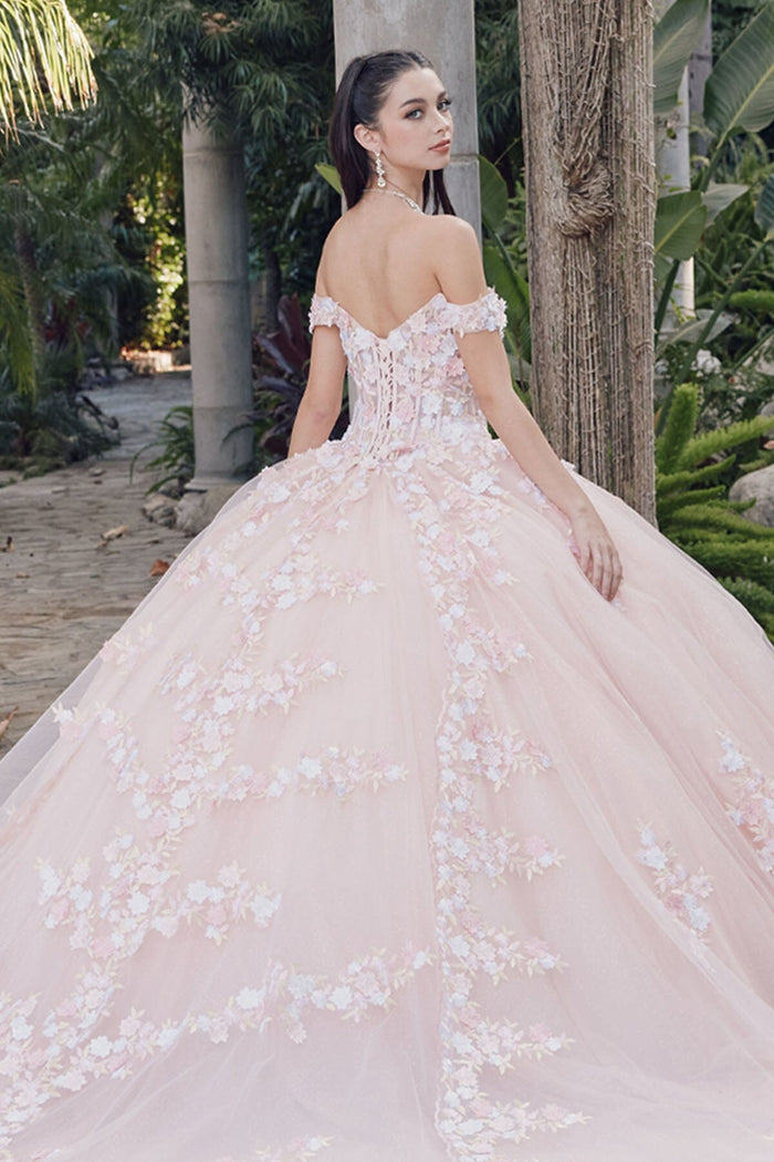 Juliet 1460J 3D Floral Appliqué Off-Shoulder Glitter Tulle Corset Quinceanera Dress