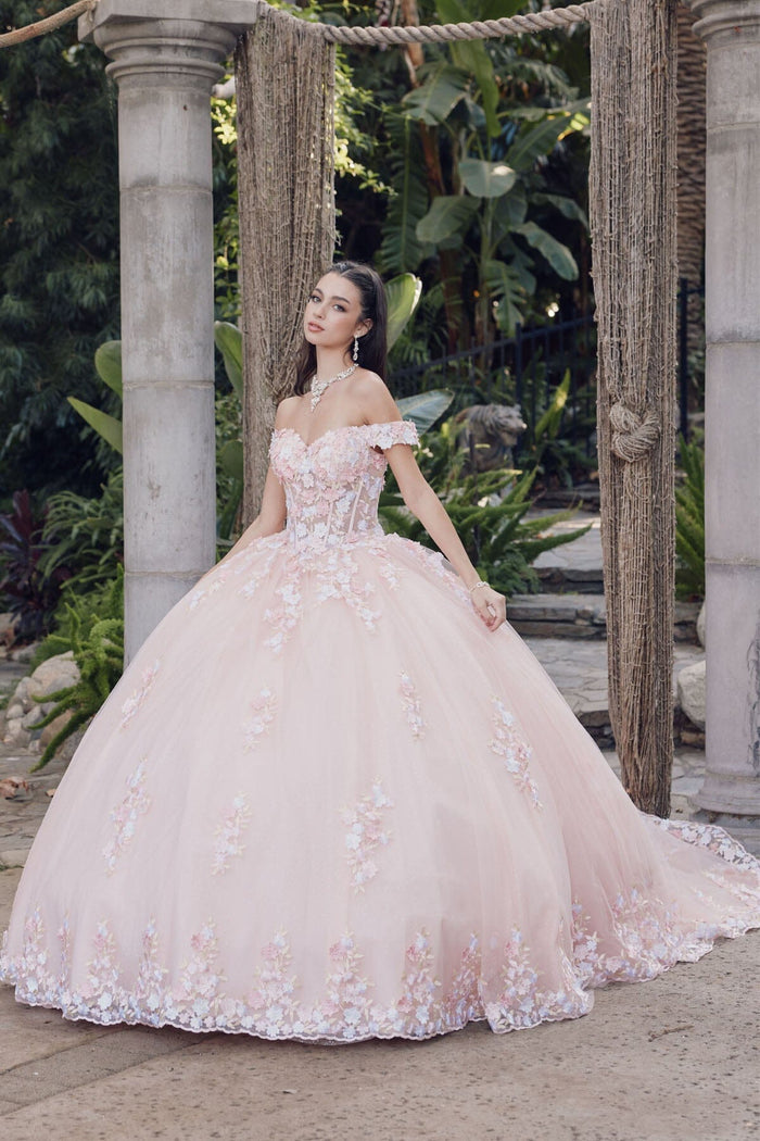 Juliet 1460J 3D Floral Appliqué Off-Shoulder Glitter Tulle Corset Quinceanera Dress