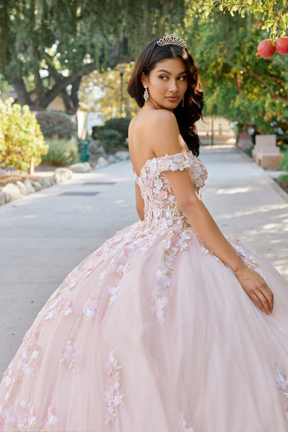 Juliet 1460J 3D Floral Appliqué Off-Shoulder Glitter Tulle Corset Quinceanera Dress