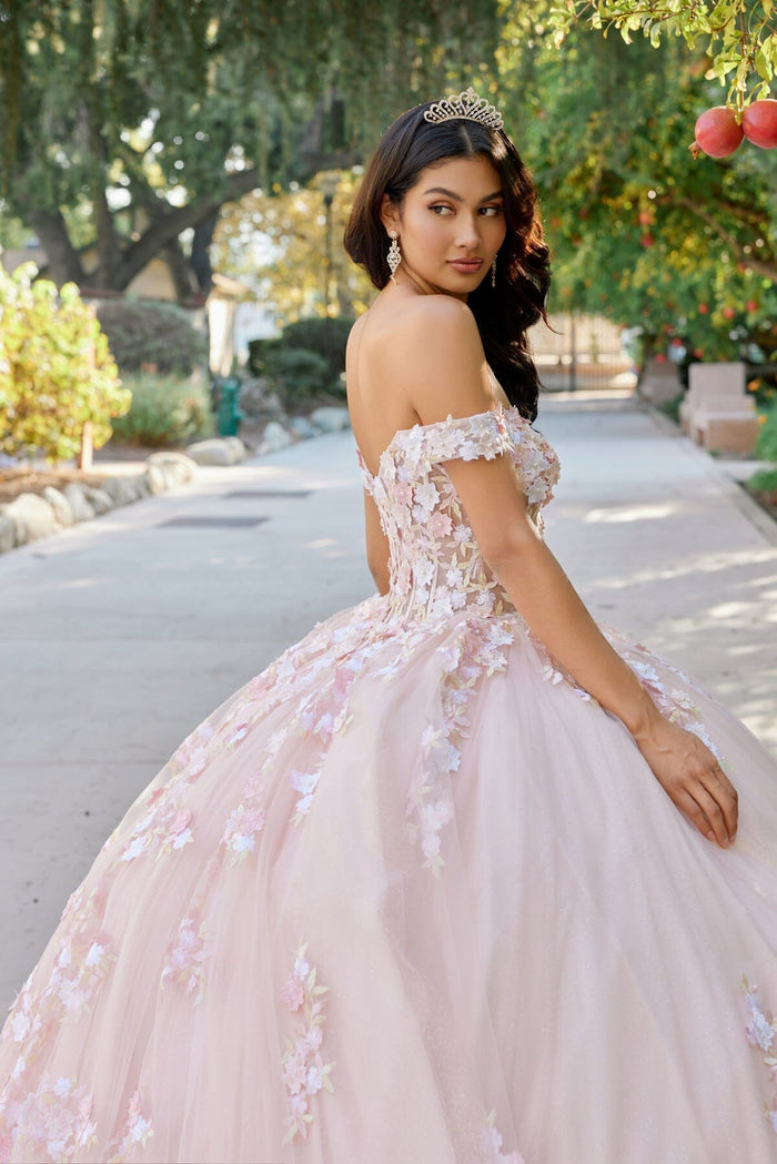 Juliet 1460J 3D Floral Appliqué Off-Shoulder Glitter Tulle Corset Quinceanera Dress