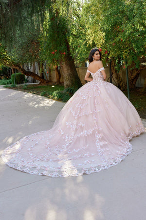 Juliet 1460J 3D Floral Appliqué Off-Shoulder Glitter Tulle Corset Quinceanera Dress