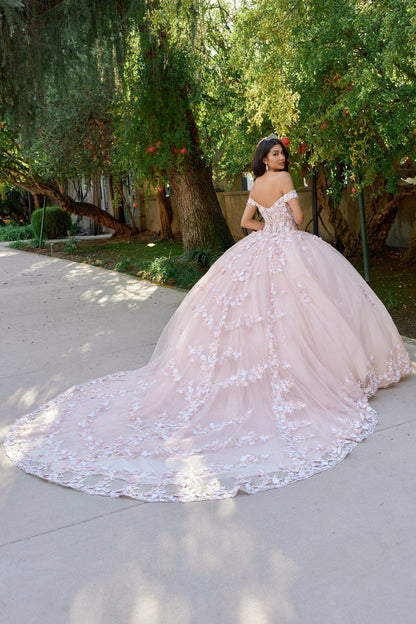 Juliet 1460J 3D Floral Appliqué Off-Shoulder Glitter Tulle Corset Quinceanera Dress