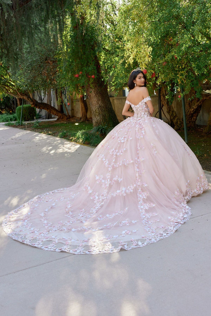 Juliet 1460J 3D Floral Appliqué Off-Shoulder Glitter Tulle Corset Quinceanera Dress