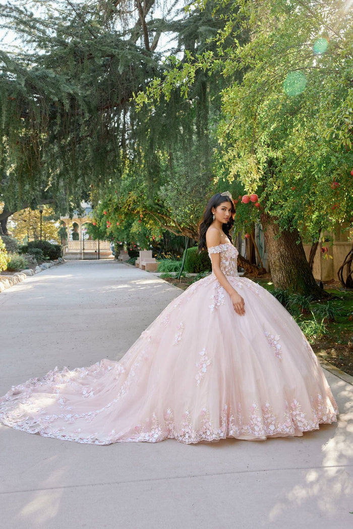 Juliet 1460J 3D Floral Appliqué Off-Shoulder Glitter Tulle Corset Quinceanera Dress