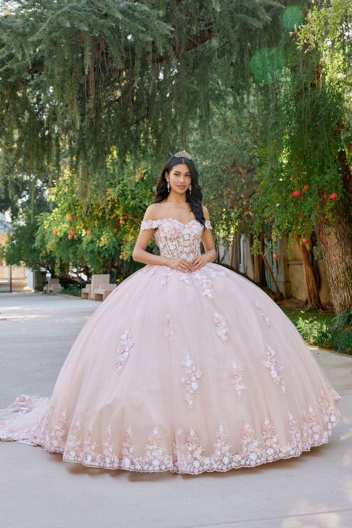 Juliet 1460J 3D Floral Appliqué Off-Shoulder Glitter Tulle Corset Quinceanera Dress