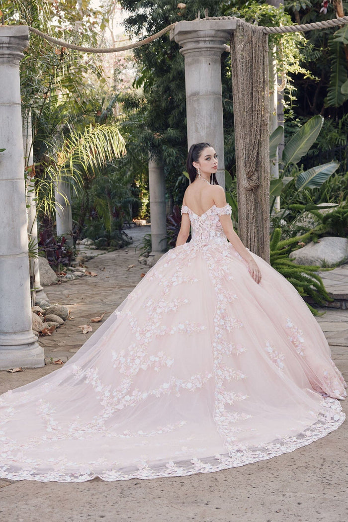Juliet 1460J 3D Floral Appliqué Off-Shoulder Glitter Tulle Corset Quinceanera Dress