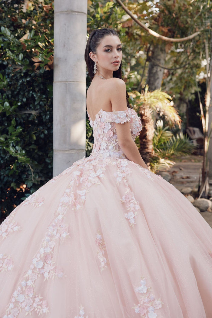 Juliet 1460J 3D Floral Appliqué Off-Shoulder Glitter Tulle Corset Quinceanera Dress