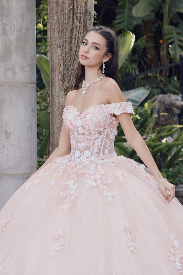 Juliet 1460J 3D Floral Appliqué Off-Shoulder Glitter Tulle Corset Quinceanera Dress