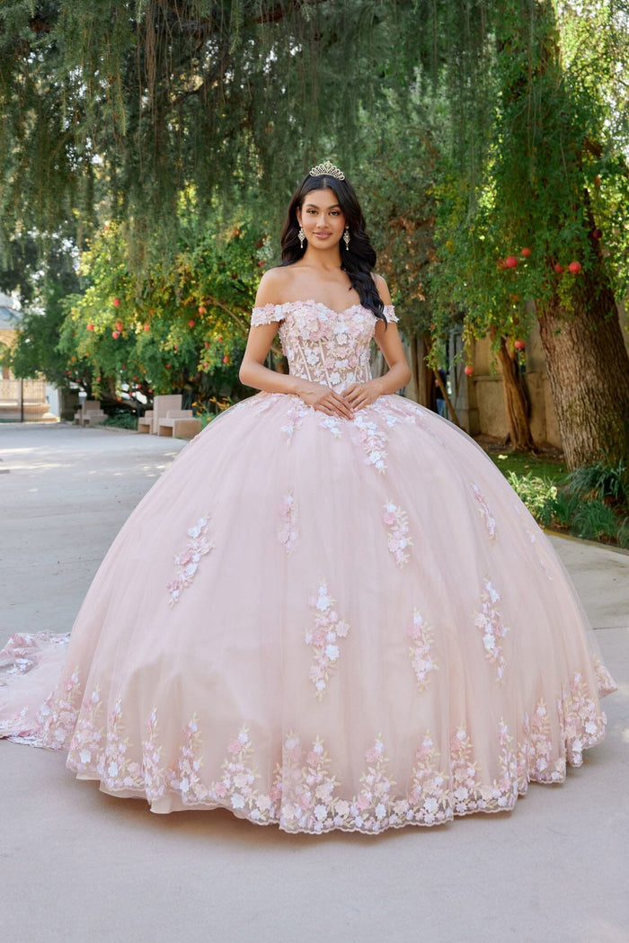 Juliet 1460J 3D Floral Appliqué Off-Shoulder Glitter Tulle Corset Quinceanera Dress