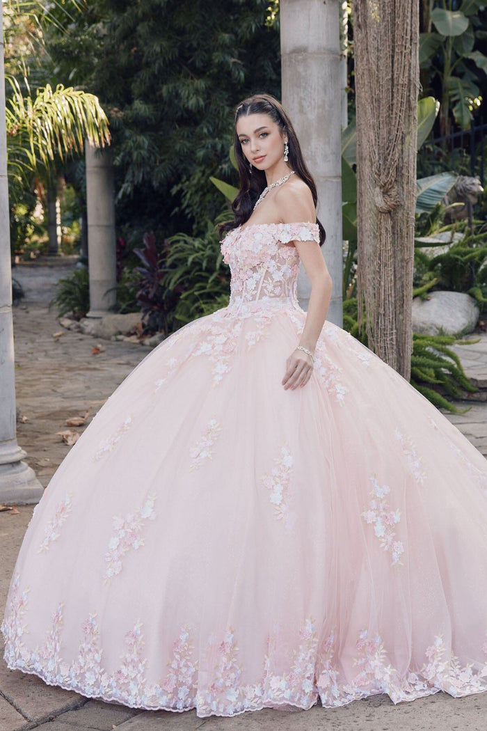 Juliet 1460J 3D Floral Appliqué Off-Shoulder Glitter Tulle Corset Quinceanera Dress