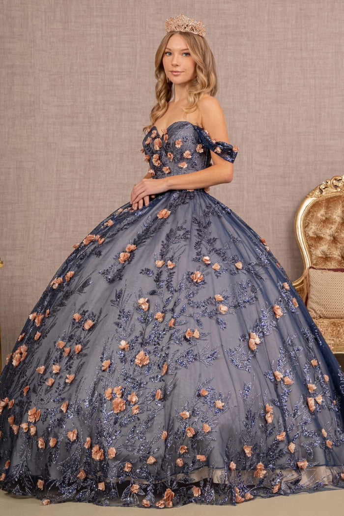 3D Floral Off Shoulder Glitter Ball Gown by Elizabeth KGL3106