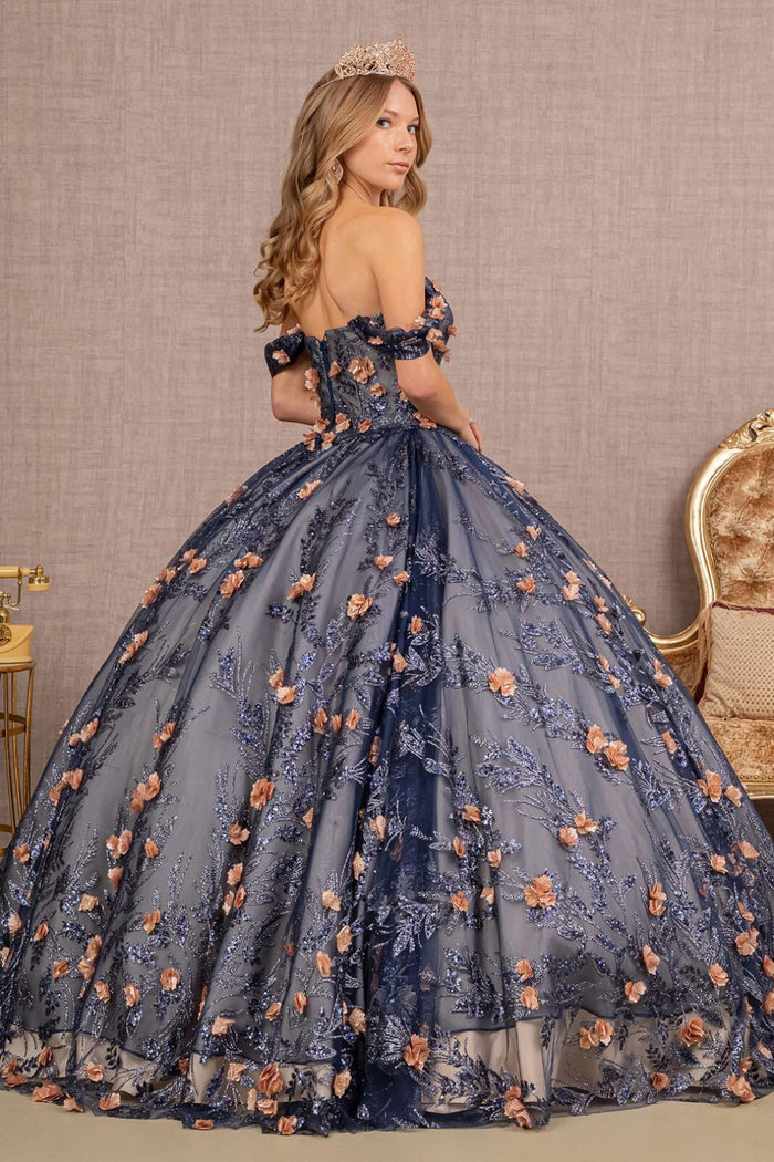 3D Floral Off Shoulder Glitter Ball Gown by Elizabeth KGL3106