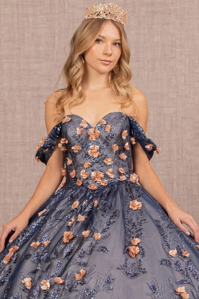 3D Floral Off Shoulder Glitter Ball Gown by Elizabeth KGL3106