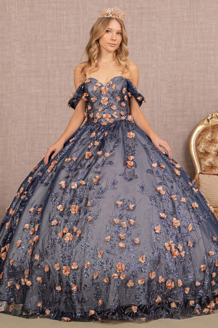 3D Floral Off Shoulder Glitter Ball Gown by Elizabeth KGL3106
