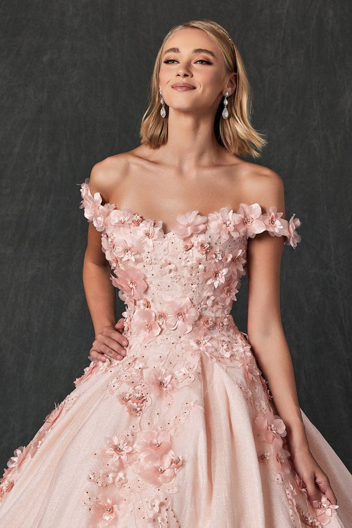 Juliet 1433 3D Floral Lace Glitter Tulle Off Shoulder Quinceanera Dress