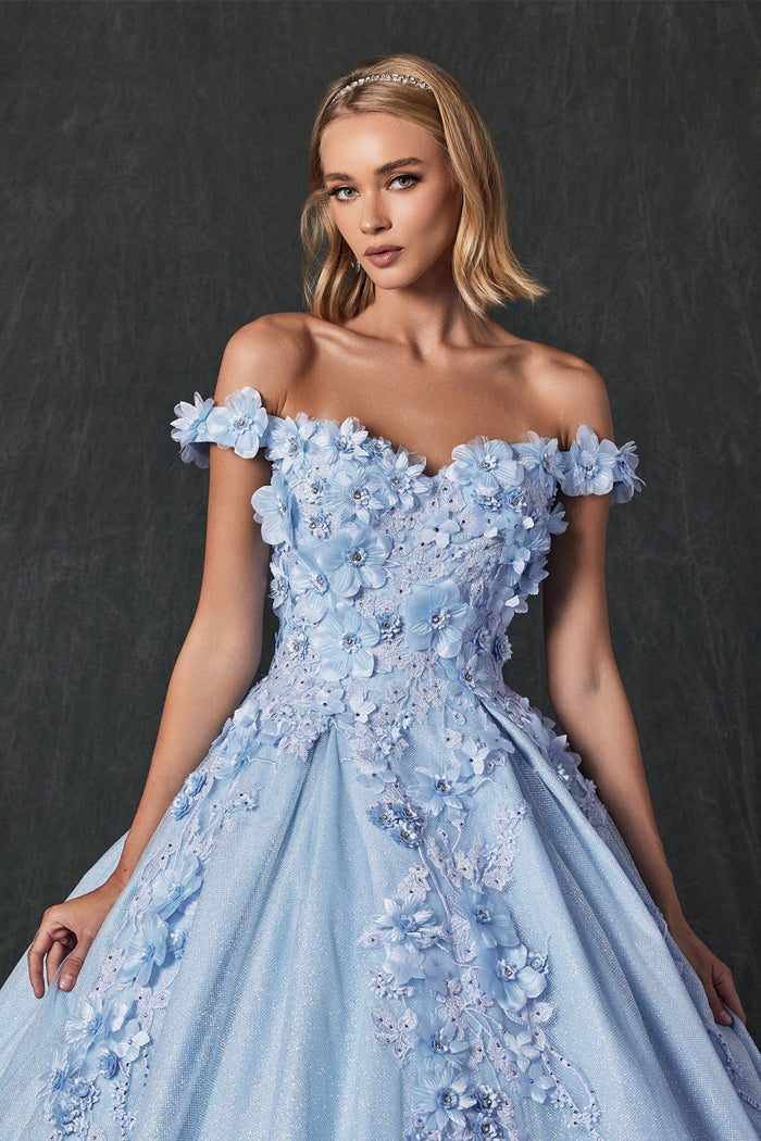 Juliet 1433 3D Floral Lace Glitter Tulle Off Shoulder Quinceanera Dress