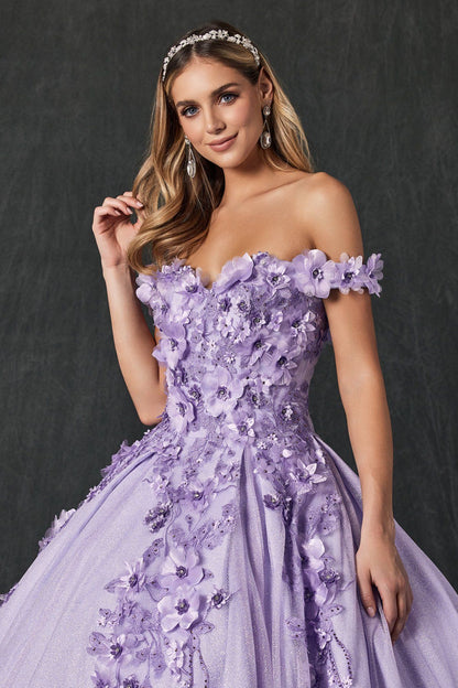 Juliet 1433 3D Floral Lace Glitter Tulle Off Shoulder Quinceanera Dress
